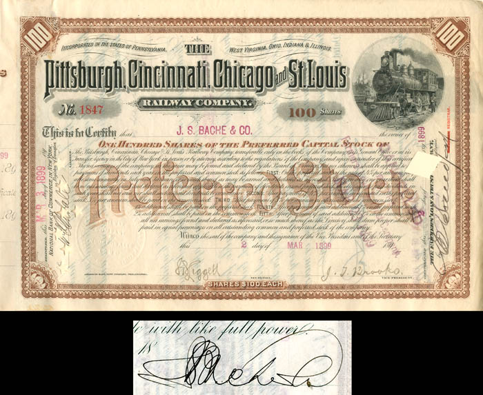 Pittsburgh, Cincinnati, Chicago and St. Louis Railway Co. signed by J.S. Bache - Stock Certificate